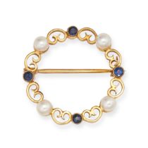A SAPPHIRE AND PEARL CIRCLE BROOCH in 9ct yellow gold, comprising a circle of heart motifs accent...