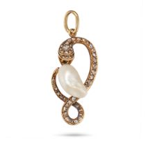 AN ANTIQUE NATURAL SALTWATER PEARL AND DIAMOND SNAKE PENDANT in yellow gold, designed as a coiled...