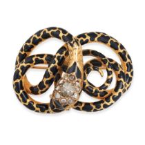 A FINE ANTIQUE VICTORIAN DIAMOND AND ENAMEL SNAKE BROOCH in yellow gold, designed as a coiled sna...