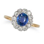 A SAPPHIRE AND DIAMOND CLUSTER RING in yellow gold, set with an oval cut sapphire of approximatel...