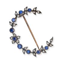 AN ANTIQUE SAPPHIRE AND DIAMOND BROOCH in yellow gold and silver, in foliate design, set with rou...