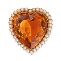 A CITRINE AND PEARL HEART CLUSTER BROOCH in yellow gold, set with a heart cut citrine in a cluste...
