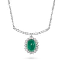 AN EMERALD AND DIAMOND NECKLACE in 18ct white gold, the pendant set with a cabochon emerald of 2....
