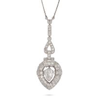 AN ART DECO DIAMOND PENDANT NECKLACE in platinum, the pendant set with a pear shaped old cut diam...