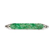 A JADEITE JADE AND PEARL BAR BROOCH in 18ct white gold, set with a jadeite jade plaque carved to ...