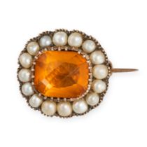 AN ANTIQUE PASTE AND PEARL BROOCH in 9ct yellow gold, set with fancy cut orange paste stone in a ...