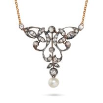AN ANTIQUE DIAMOND AND PEARL PENDANT NECKLACE in yellow gold and silver, the openwork scrolling p...