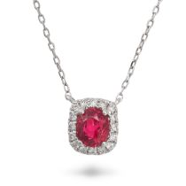 A SPINEL AND DIAMOND PENDANT NECKLACE in white gold, set with an oval cut spinel in a border of r...
