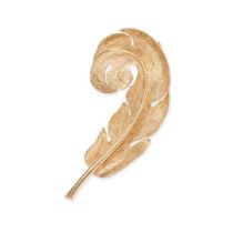 A GOLD FEATHER BROOCH in 14ct yellow gold, designed as a textured feather, stamped 14K, 6.5cm, 10...