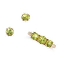 A PERIDOT STUD EARRINGS AND RING SET in yellow gold, each stud set with a round cut peridot, the ...
