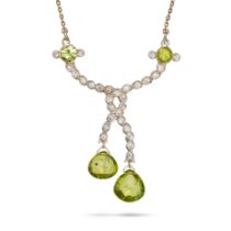 A PERIDOT AND DIAMOND PENDANT NECKLACE in yellow gold, the pendant set with two round peridot, su...