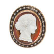 AN ANTIQUE BANDED AGATE, DIAMOND AND ENAMEL CAMEO BROOCH in yellow gold, set with an oval banded ...