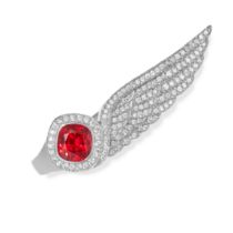 GARRARD, AN UNHEATED RED SPINEL AND DIAMOND WINGS RING in 18ct white gold, set with a cushion cut...