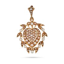 AN ANTIQUE PEARL AND DIAMOND HEART PENDANT in yellow gold, set to the centre with a diamond in a ...