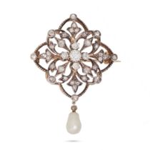 AN ANTIQUE DIAMOND AND PEARL BROOCH in yellow gold and silver, the openwork brooch set throughout...