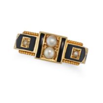 AN ANTIQUE VICTORIAN PEARL AND ENAMEL BELT RING in 15ct yellow gold, set with two half pearls acc...