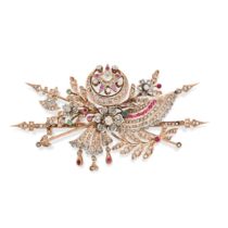 AN ANTIQUE EMERALD, RUBY AND DIAMOND OTTOMAN SPRAY BROOCH in yellow gold, designed as a floral sp...