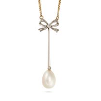 A PEARL AND DIAMOND BOW PENDANT NECKLACE in yellow gold, the pendant comprising a bow motif set w...