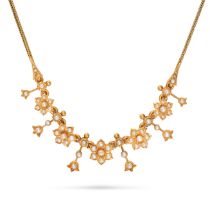 AN ANTIQUE PEARL FLOWER NECKLACE in yellow gold, comprising a row of flower motifs accented by fo...