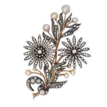 AN ANTIQUE NATURAL SALTWATER PEARL AND DIAMOND EN TREMBLANT FLORAL SPRAY BROOCH in yellow gold, d...