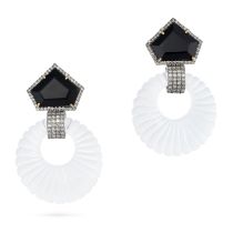 A PAIR OF ONYX, DIAMOND AND ROCK CRYSTAL EARRINGS in white gold, each comprising a fancy cut onyx...