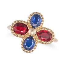 A SPINEL AND SAPPHIRE RING in yellow gold, set with oval cut red spinels and blue sapphires in a ...