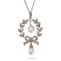 AN ANTIQUE EDWARDIAN PEARL AND DIAMOND PENDANT NECKLACE in yellow and white gold, the pendant des...