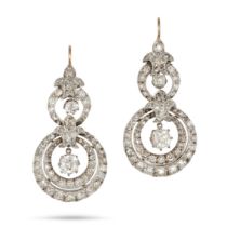 A PAIR OF ANTIQUE DIAMOND DROP EARRINGS in yellow gold and silver, each comprising a fleur de lis...