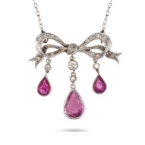 A DIAMOND AND PINK SAPPHIRE BOW PENDANT NECKLACE in white gold, the pendant designed as a bow set...