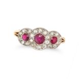 A RUBY AND DIAMOND CLUSTER RING in 18ct yellow gold, set with three round cut rubies in clusters ...