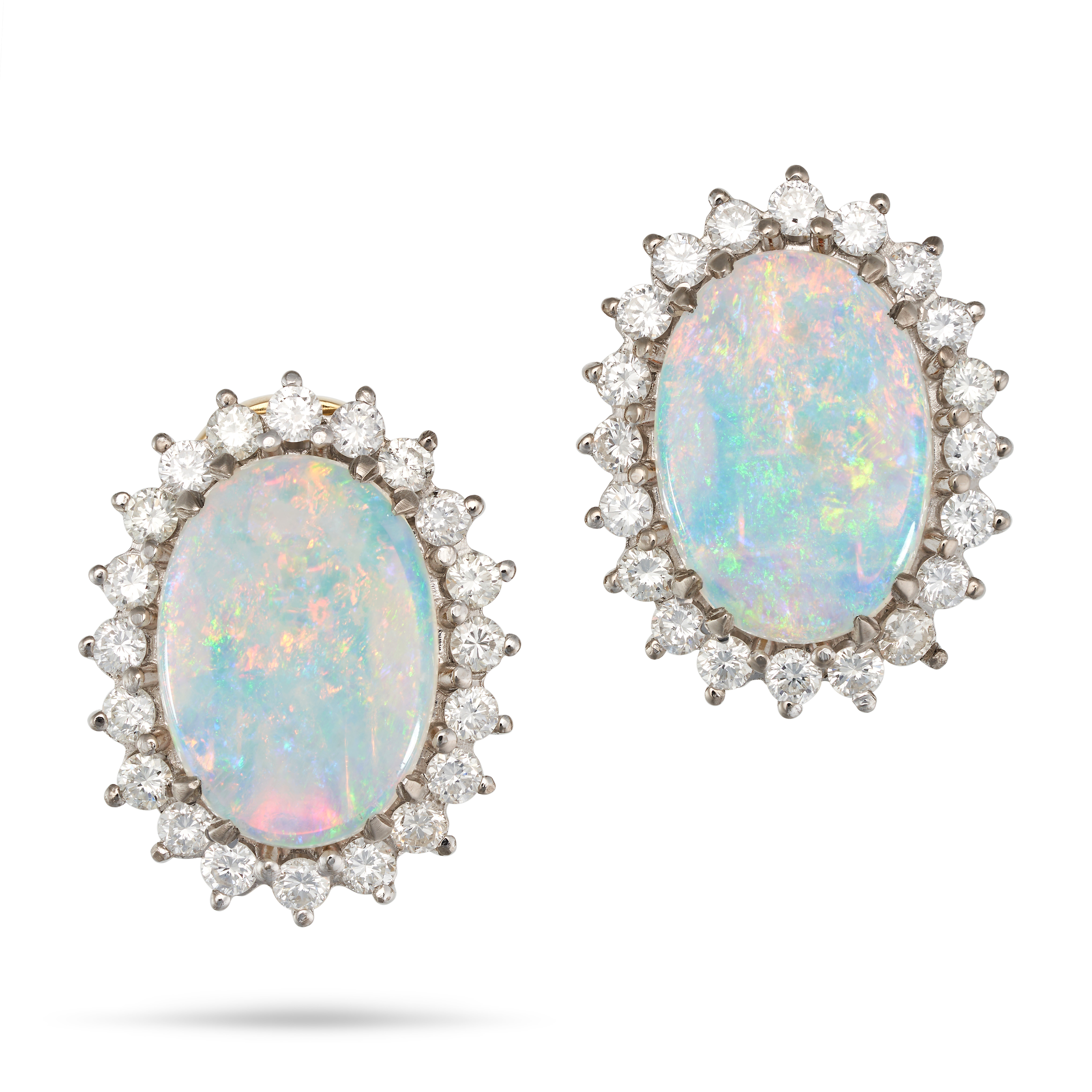 A PAIR OF OPAL AND DIAMOND CLUSTER EARRINGS in 18ct yellow and white gold, each set with an oval ...