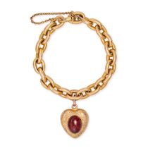 AN ANTIQUE GARNET AND TURQUOISE HEART LOCKET BRACELET in yellow gold, comprising a row of interlo...