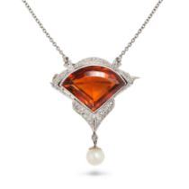 A CITRINE, DIAMOND AND PEARL BROOCH / PENDANT NECKLACE in platinum and white gold, the brooch / p...