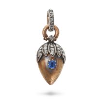 AN ANTIQUE RUSSIAN SAPPHIRE AND DIAMOND BERRY PENDANT in yellow gold and silver, set with a cushi...