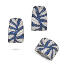 ADLER, A SAPPHIRE AND DIAMOND RING AND CLIP EARRINGS SET in 18ct white gold, each in a stylised f...