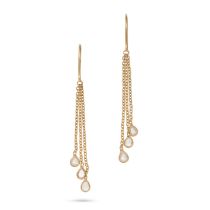 A PAIR OF DIAMOND DROP EARRINGS in 18ct yellow gold, each set with three pear shaped rose cut dia...