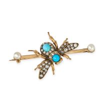 AN ANTIQUE TURQUOISE, DIAMOND, OPAL AND PEARL INSECT BROOCH in yellow gold, designed as an insect...