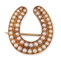 AN ANTIQUE PEARL HORSESHOE BROOCH designed as a horseshoe set with two rows of pearls, no assay m...