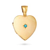 AN ANTIQUE TURQUOISE HEART LOCKET PENDANT in yellow gold, the hinged heart shaped locket set with...