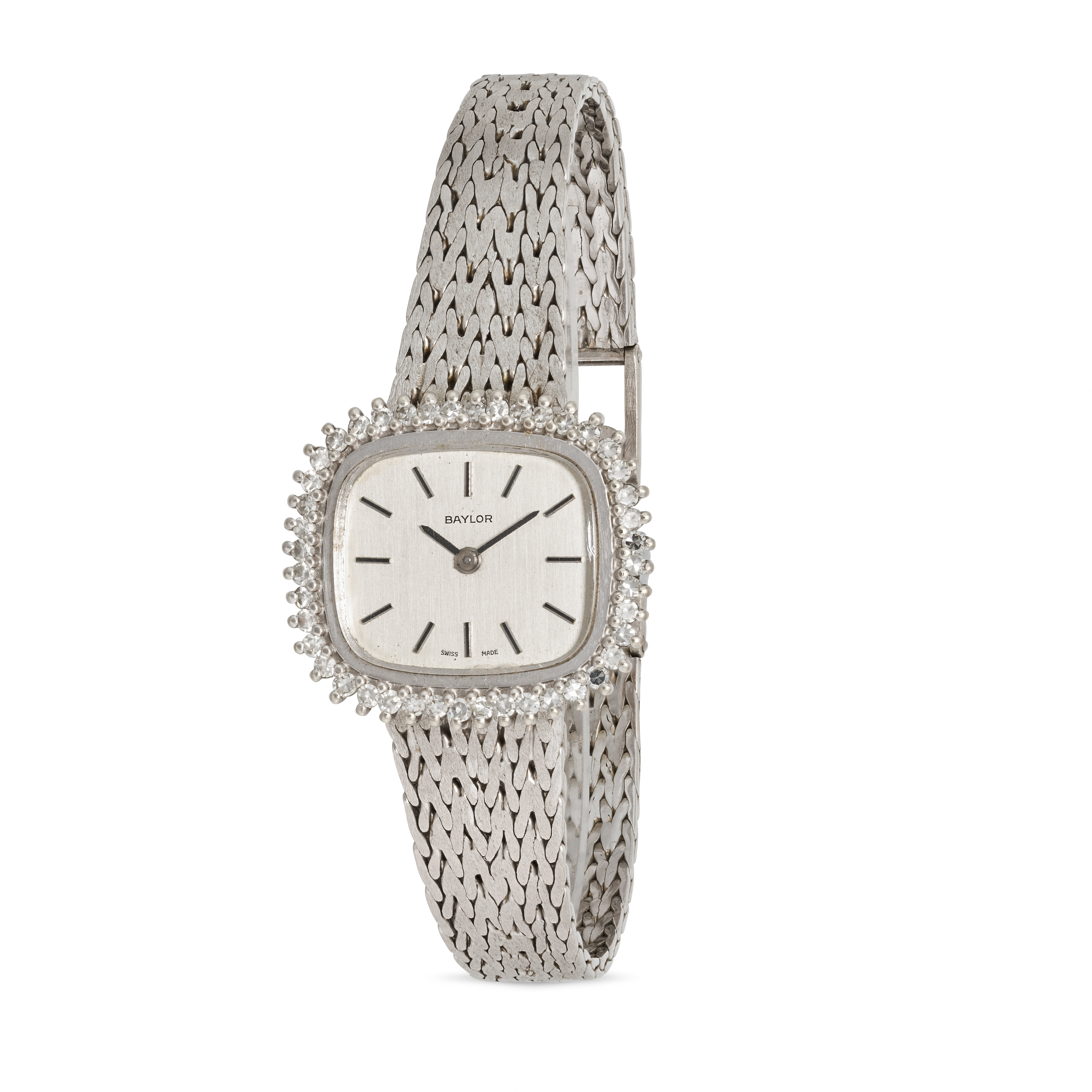 BAYLOR - A VINTAGE 9CT WHITE GOLD AND DIAMOND WRISTWATCH, the rounded rectangular silvered dial w...