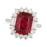 A BURMA NO HEAT SPINEL AND DIAMOND CLUSTER RING in 18ct white gold, set with a cushion cut spinel...