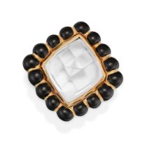 DAVID WEBB, A ROCK CRYSTAL AND ENAMEL RING in 18ct yellow gold, set with a faceted rock crystal a...