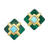 ALDO CIPULLO FOR CARTIER, A PAIR OF VINTAGE MALACHITE AND TURQUOISE EARRINGS, 1973 in 18ct yellow...