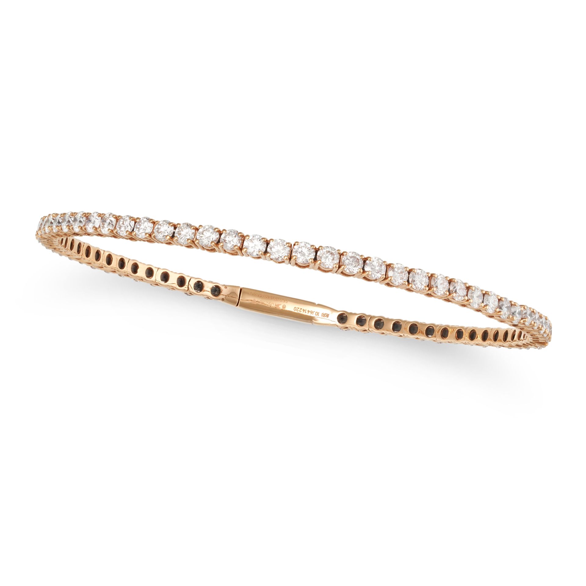 A DIAMOND BANGLE in 18ct rose gold, the flexible bangle set all around with round brilliant cut d...