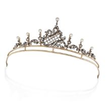 AN ANTIQUE DIAMOND AND PEARL TIARA in yellow gold and silver, the scrolling tiara in foliate desi...