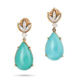 TIFFANY & CO., A PAIR OF TURQUOISE AND DIAMOND DROP EARRINGS in 18ct yellow gold, each comprising...