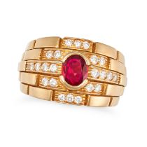 CARTIER, A RUBY AND DIAMOND MAILLON PANTHERE RING in 18ct yellow gold, set with an oval cut ruby,...