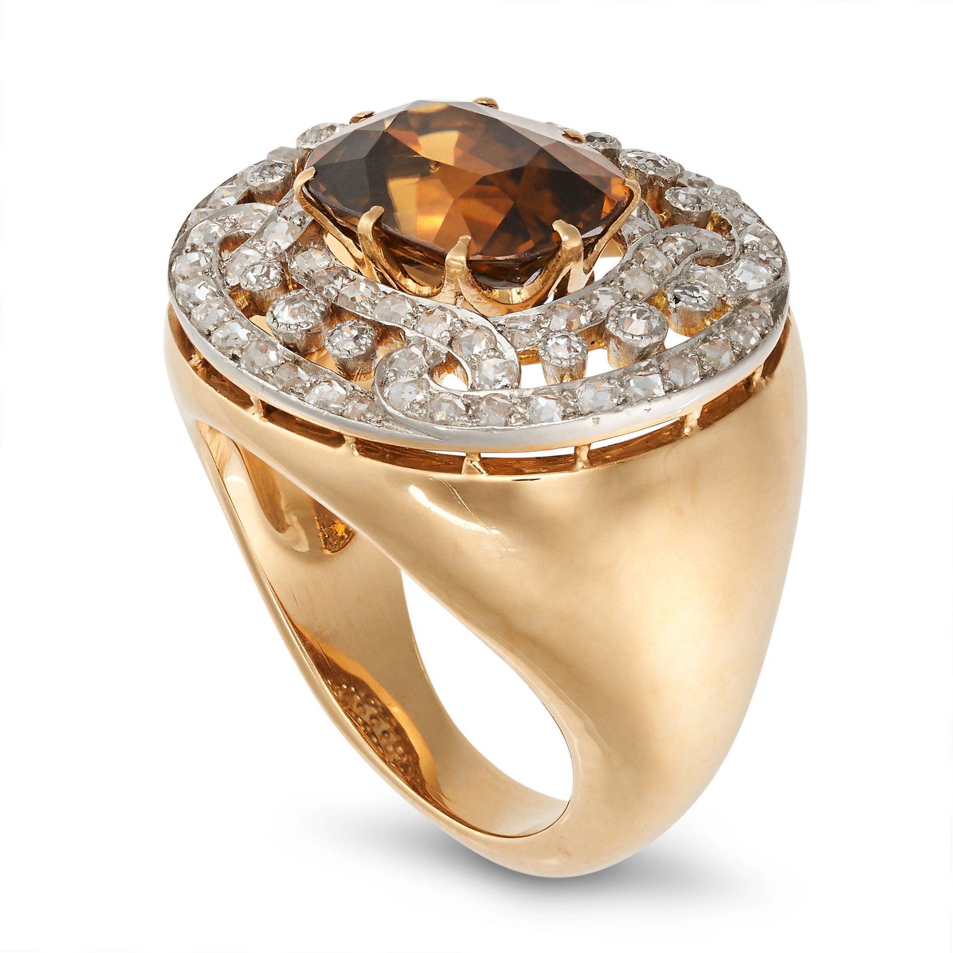 A GOLDEN ZIRCON AND DIAMOND DRESS RING in yellow gold, set with a cushion cut golden zircon in an... - Image 2 of 2
