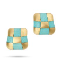 ANGELA CUMMINGS, A PAIR OF TURQUOISE EARRINGS in 18ct yellow gold, the earrings in checkerboard d...