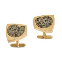 A PAIR OF AMMONITE CUFFLINKS in 18ct yellow gold, each cufflink set with a slice of an ammonite f...